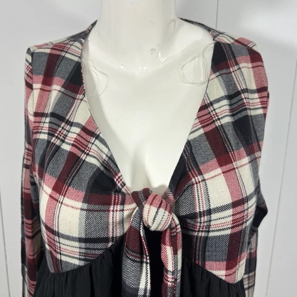 NWT Entro Sz M Women's Plaid Long Sleeve Tunic Top Boho Multicolor Front Tie - Picture 2 of 11